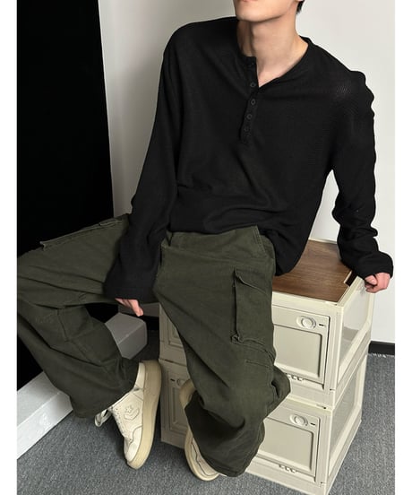 ワッフル編み ヘンリーネック ロングスリーブカットソー / 3color