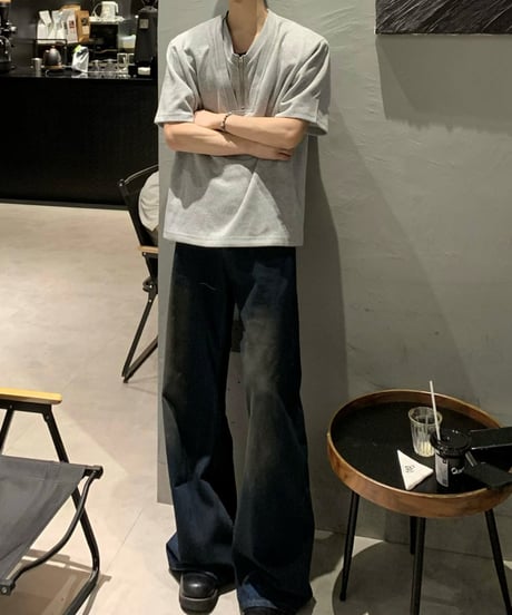 レイヤードネック ハーフジップTシャツ