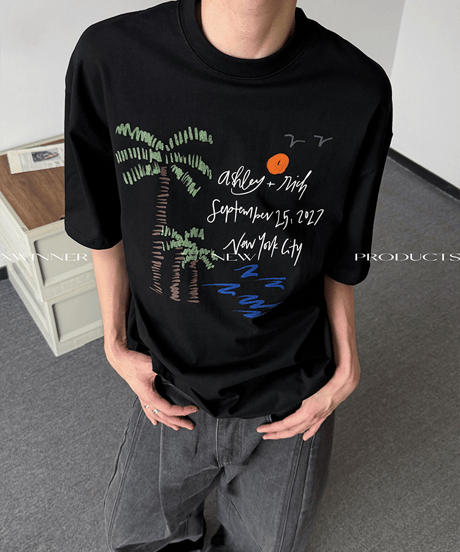 パームツリーグラフィック ルーズ半袖Tシャツ / 2color