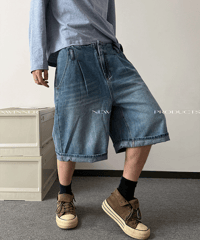 ルーズタック ワイドデニムハーフパンツ