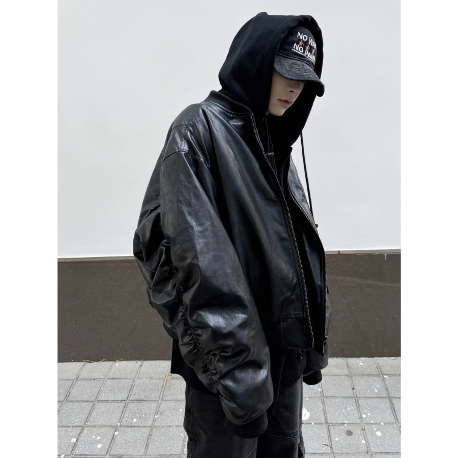 t*k様 ness. フード付きブラックレザージャケット M ルーズフィット フードレイヤードPUレザージャケット | ness.
