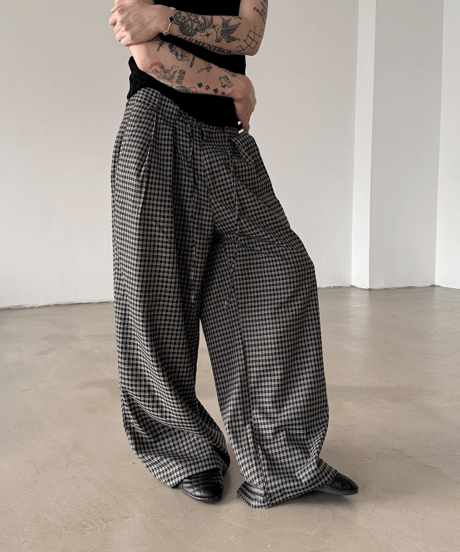 レトロチェック柄ダブルプリーツワイドパンツ / 2color