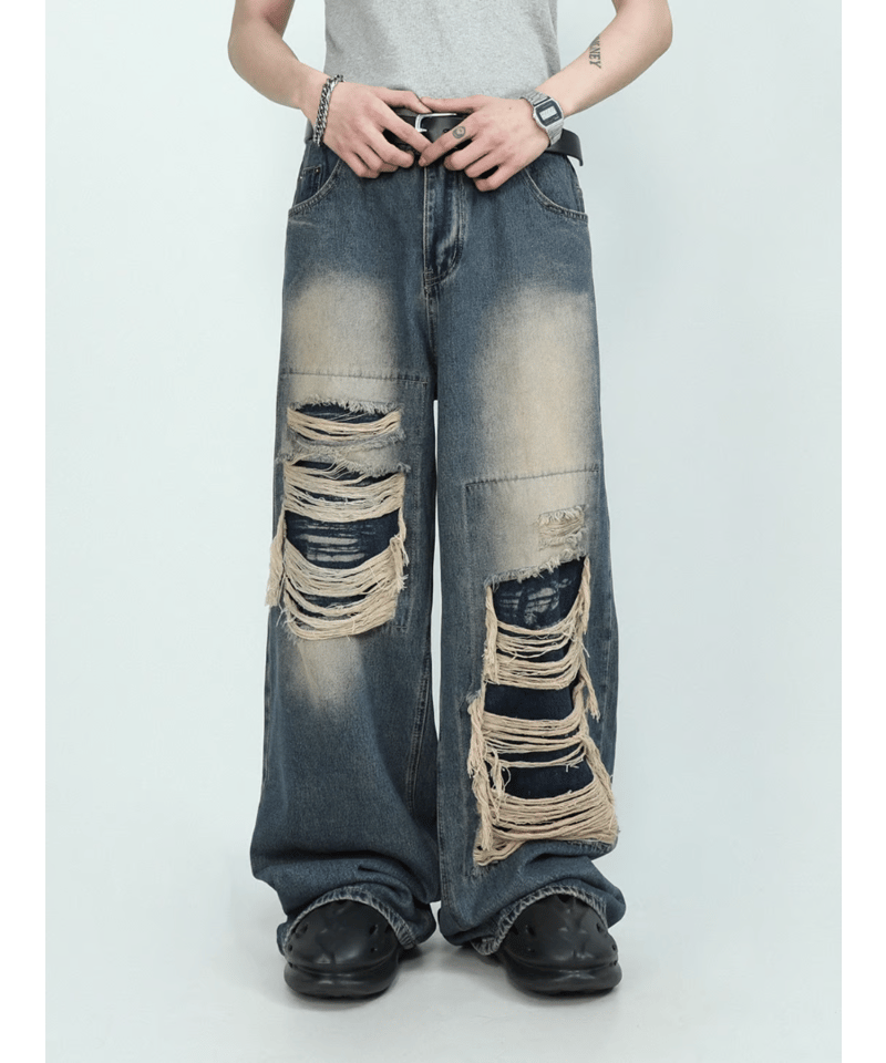 ■8.16 a57 リメイク ワイドデニム × トラックパンツ ドッキングパンツ リメイクデニム変形デニムドッキングワイドパンツ - メルカリ