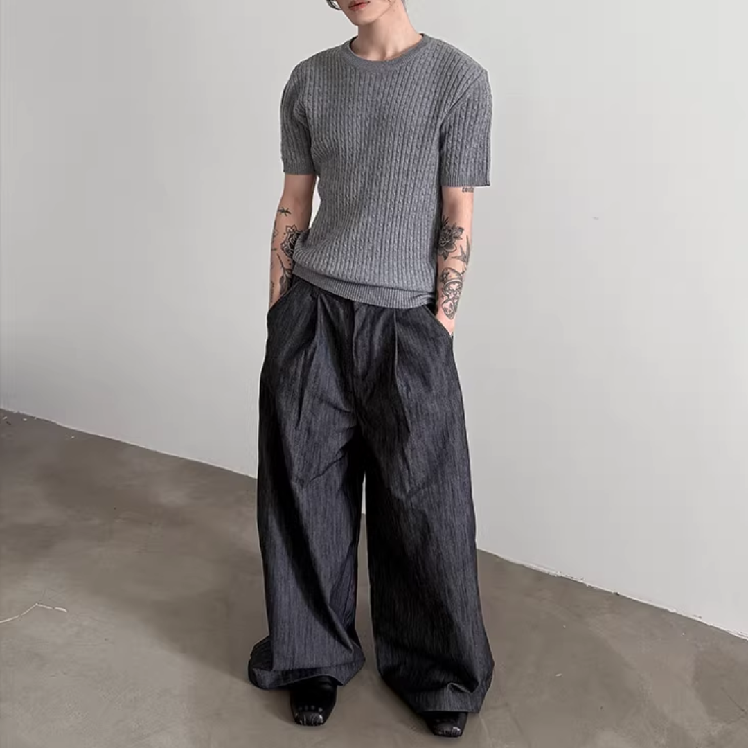 【美品】mon Sakata リネン フカタックパンツ グレー×ブラック 美品】mon Sakata リネン フカタックパンツ グレー×ブラック