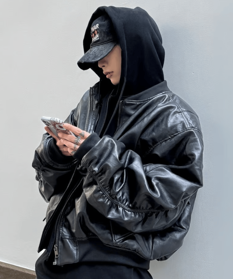 ルーズフィット フードレイヤードPUレザージャケット | ness.