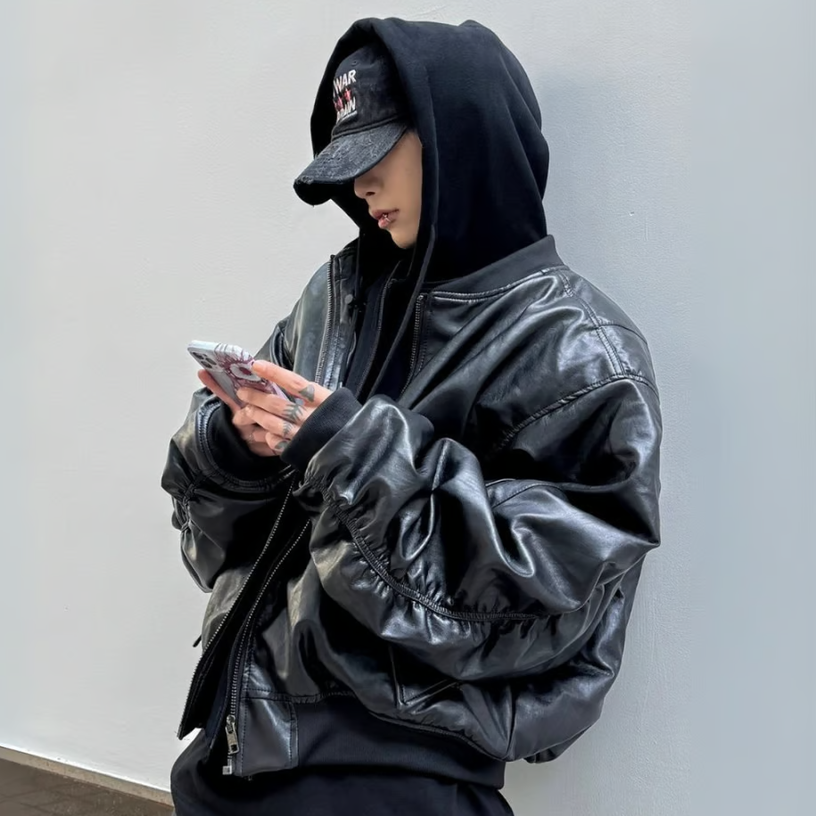 ルーズフィット フードレイヤードPUレザージャケット | ness.