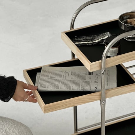 wagon-03021　Stainless Steel Wagon With Wood And Vegan Leather Tray