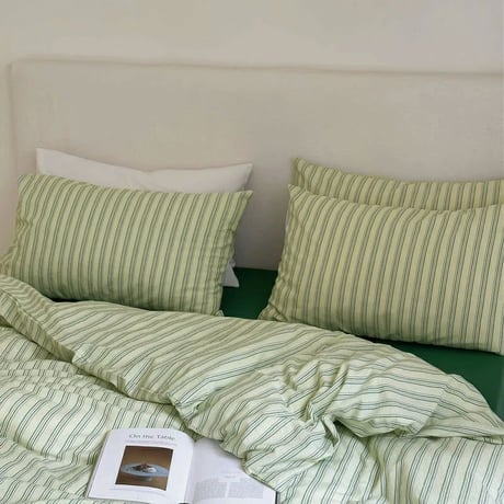 pillowcase-03008　Cream×Green Cluster Stripe Pillowcases Two-pieces