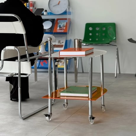 table-03179　Clear×Orange Silver Handle Caster Side Table