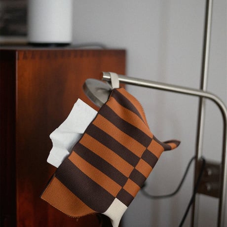 tissuebox-03082　Block Stripe Brown Knitted Tissue Case