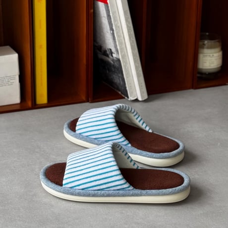 slipper-03011　Blue × Brown Stripe Towel Fabric Room Shoes Slippers