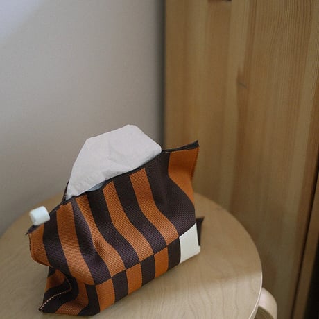 tissuebox-03082　Block Stripe Brown Knitted Tissue Case