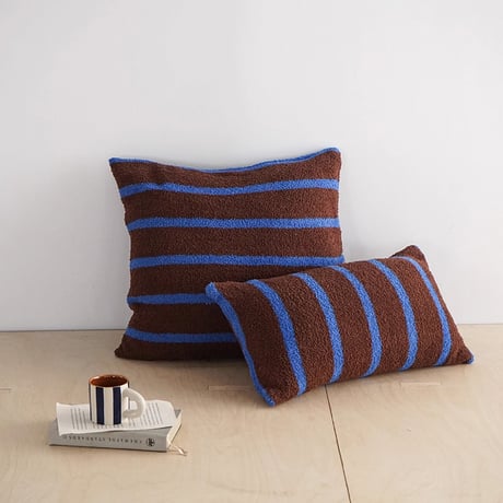 cu-03143　Brown & Blue Soft Pile Striped Cushion Cover