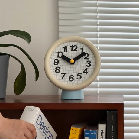 clock-03096　Cream×Blue Round Table Clock With Stand