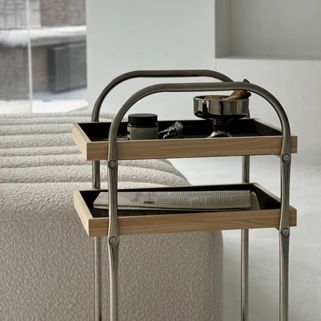 wagon-03021　Stainless Steel Wagon With Wood And Vegan Leather Tray