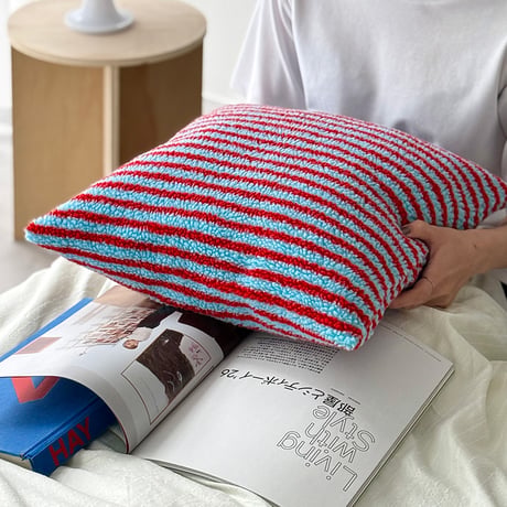 cu-03146　Blue × Red Striped Boa Cushion Cover