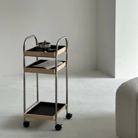 wagon-03021　Stainless Steel Wagon With Wood And Vegan Leather Tray