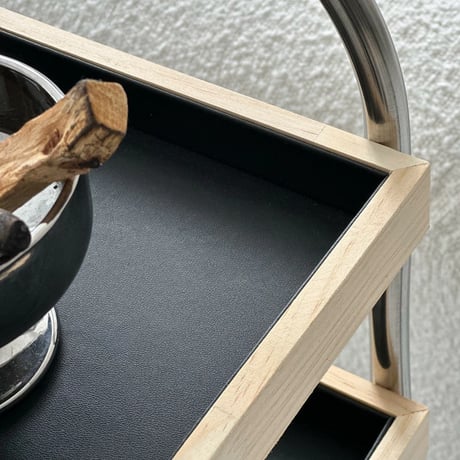 wagon-03021　Stainless Steel Wagon With Wood And Vegan Leather Tray