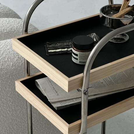 wagon-03021　Stainless Steel Wagon With Wood And Vegan Leather Tray