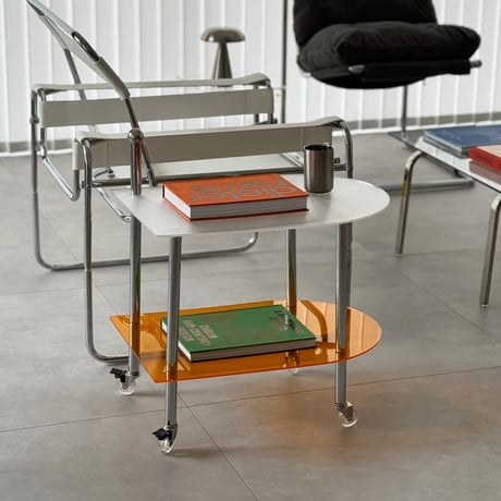 table-03179　Clear×Orange Silver Handle Caster Side Table