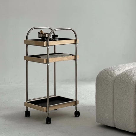 wagon-03021　Stainless Steel Wagon With Wood And Vegan Leather Tray