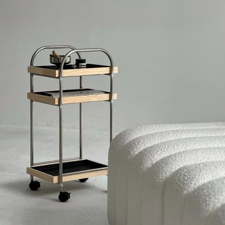 wagon-03021　Stainless Steel Wagon With Wood And Vegan Leather Tray