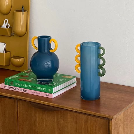 flowervase-03306　Blue Glass Flower Vase With Handle