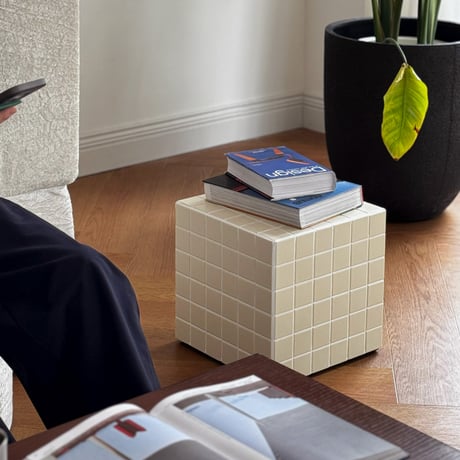 table-03215　Beige Tile Cube Side Table Stool
