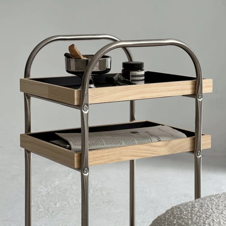 wagon-03021　Stainless Steel Wagon With Wood And Vegan Leather Tray