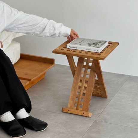 table-03199　Natural Wood Lattice Design Folding Side Table