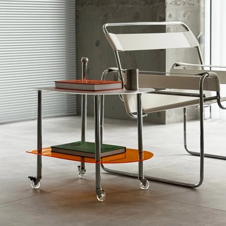 table-03179　Clear×Orange Silver Handle Caster Side Table