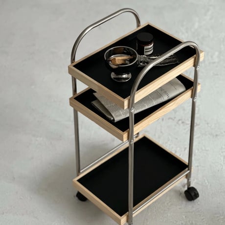 wagon-03021　Stainless Steel Wagon With Wood And Vegan Leather Tray
