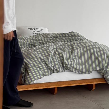 beddingsets-03117　Striped Cotton Bedding Set with Proverb Pillowcase Blue/Green