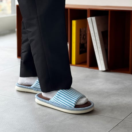 slipper-03011　Blue × Brown Stripe Towel Fabric Room Shoes Slippers