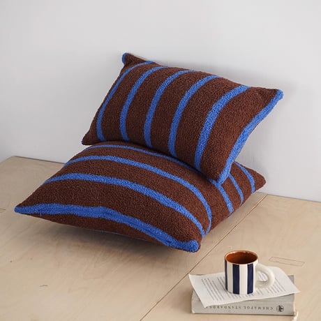 cu-03143　Brown & Blue Soft Pile Striped Cushion Cover