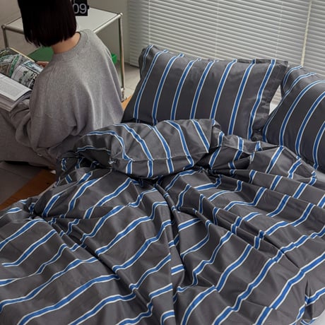 beddingsets-03120　Gray×Blue Thick and Thin Stripe Bedding Sets