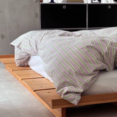 beddingsets-03116　Striped Cotton Bedding Set with Proverb Pillowcase Purple/Green
