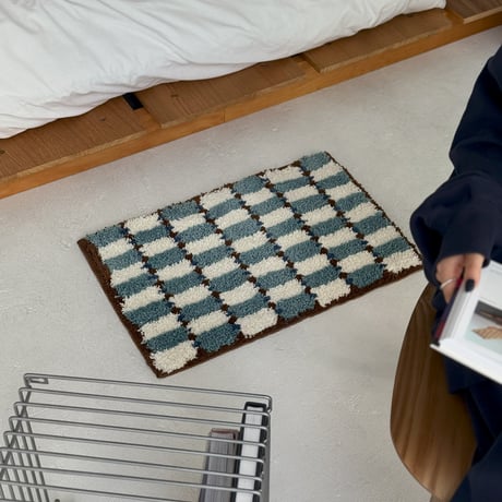mat-03106　Blue & Brown Block Check Rug 40x60