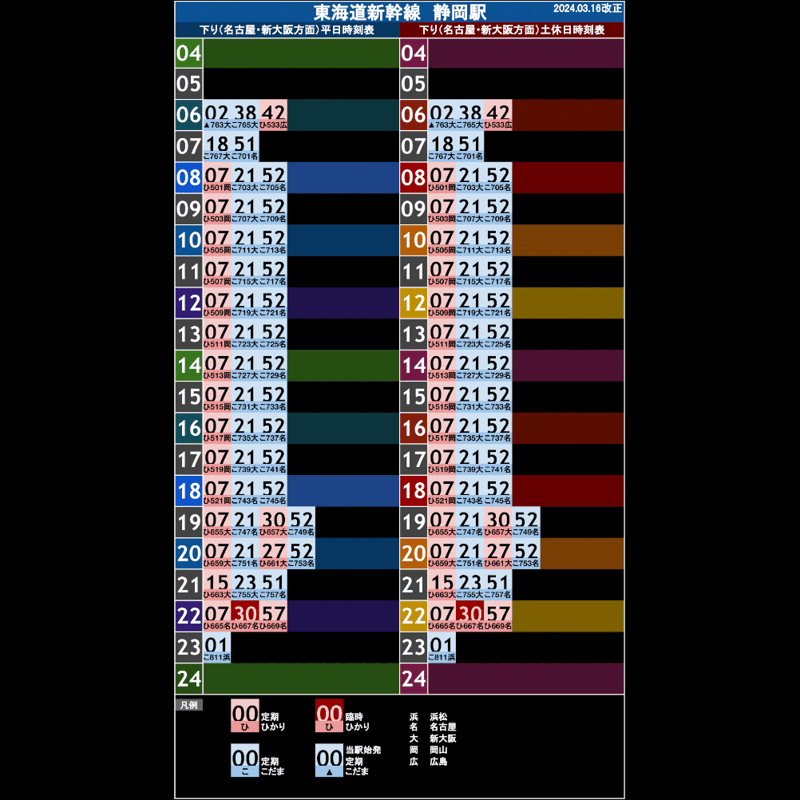 東海道新幹線静岡駅 オリジナルポケット時刻表 2024.03.16改正