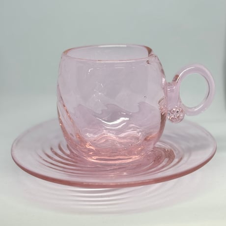 耐熱琉球ガラス　限定色　春風ピンク　コーヒーカップ＆ソーサー (波模様）