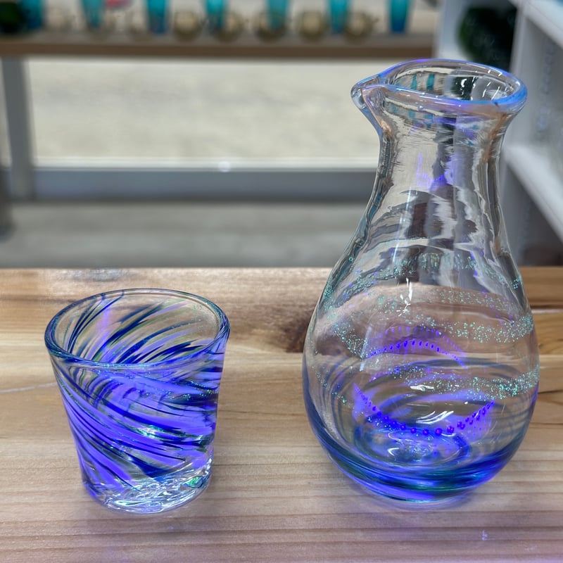 非耐熱）琉球ガラス 徳利とお猪口（1客）セット（青色×白×緑色×紫