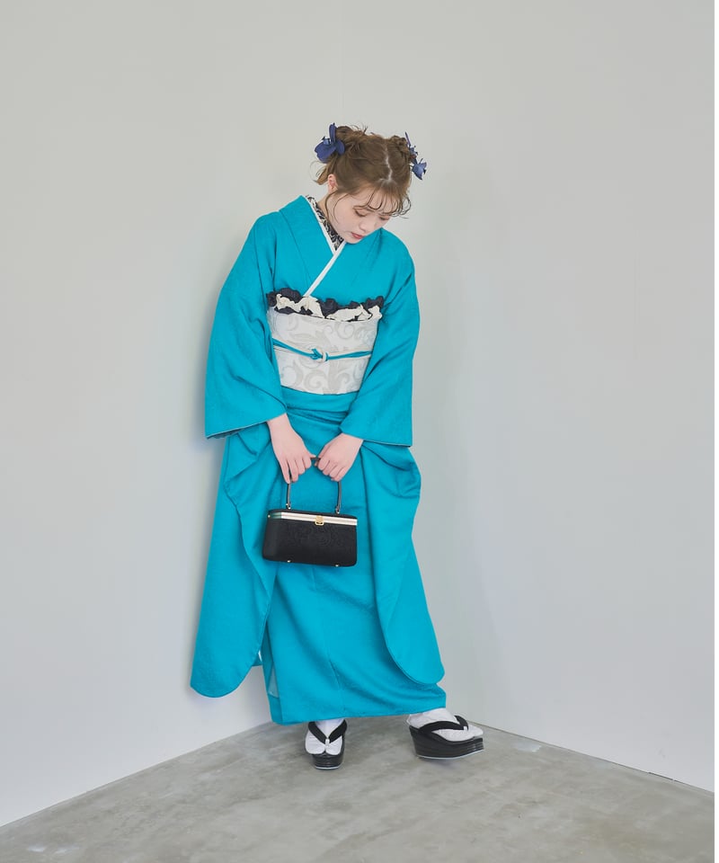 美品☆綿麻　浴衣　墨流し　ピーコック　広衿　水色　紫 ピーコックブルー半衿付き | lys amie blanc