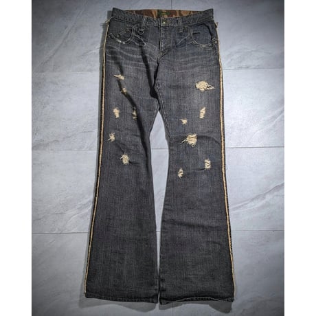 【Obelisk】side fringe distressed denim