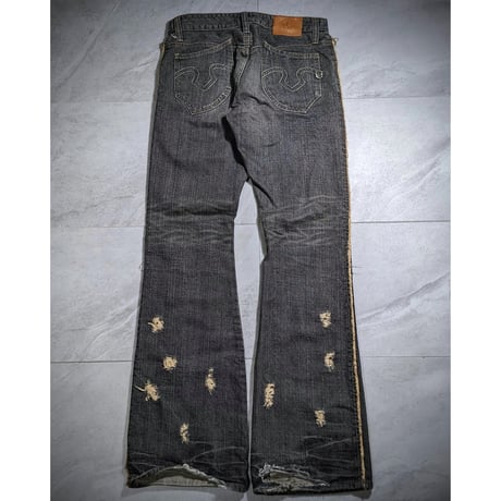 【Obelisk】side fringe distressed denim