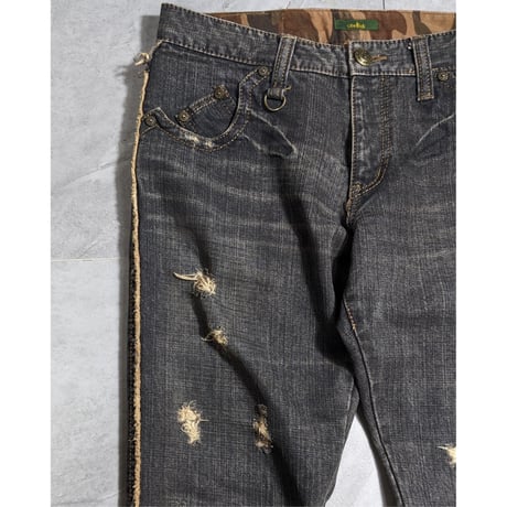 【Obelisk】side fringe distressed denim