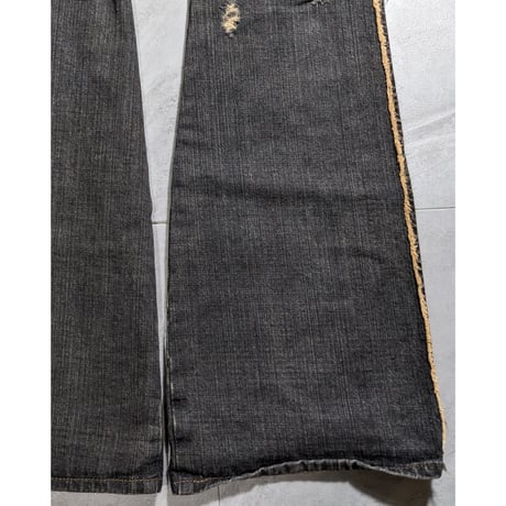 【Obelisk】side fringe distressed denim