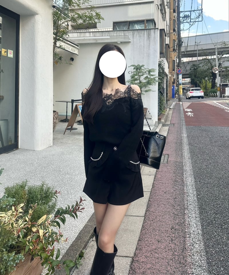 lace off shoulder knit tops［black］ | MONAMOUR