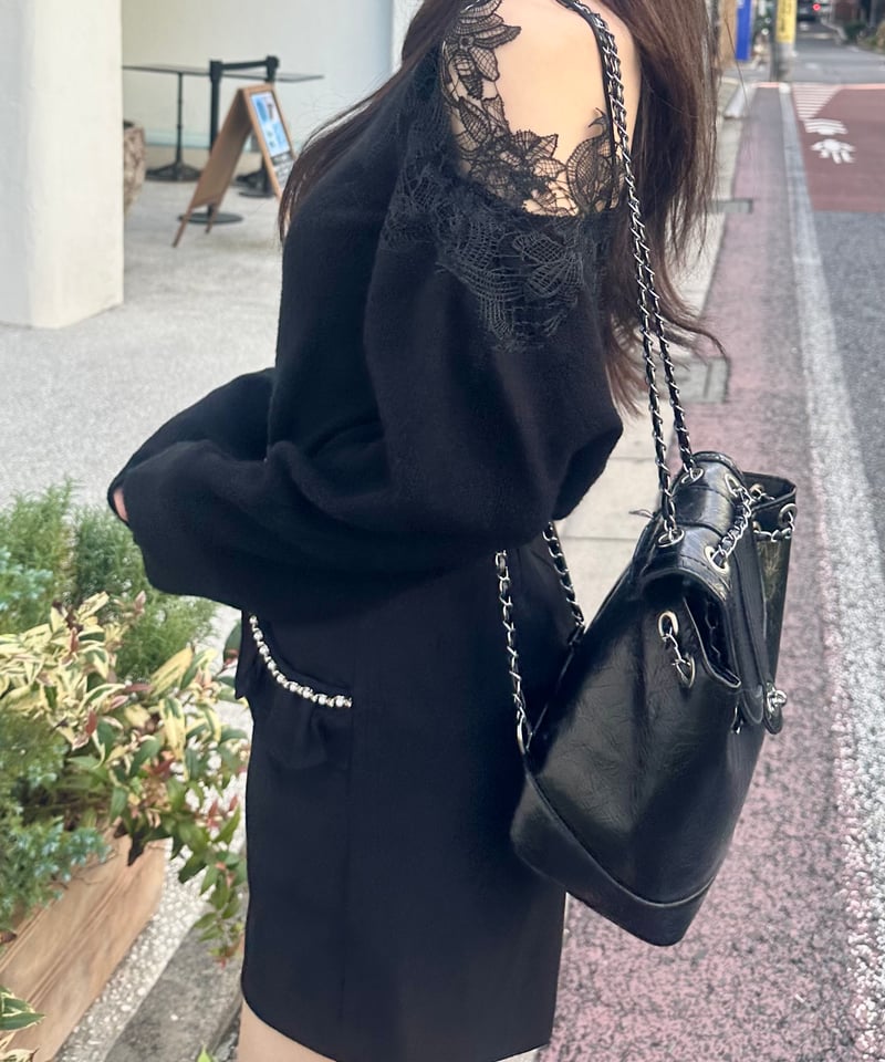 トップス S lace trim off shoulder tops black lace off shoulder knit tops［black］ | MONAMOUR