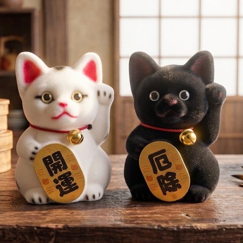 新品 日本製 もふもふ 招き猫 厄除 黒猫 開運 白猫 2体セット 置物