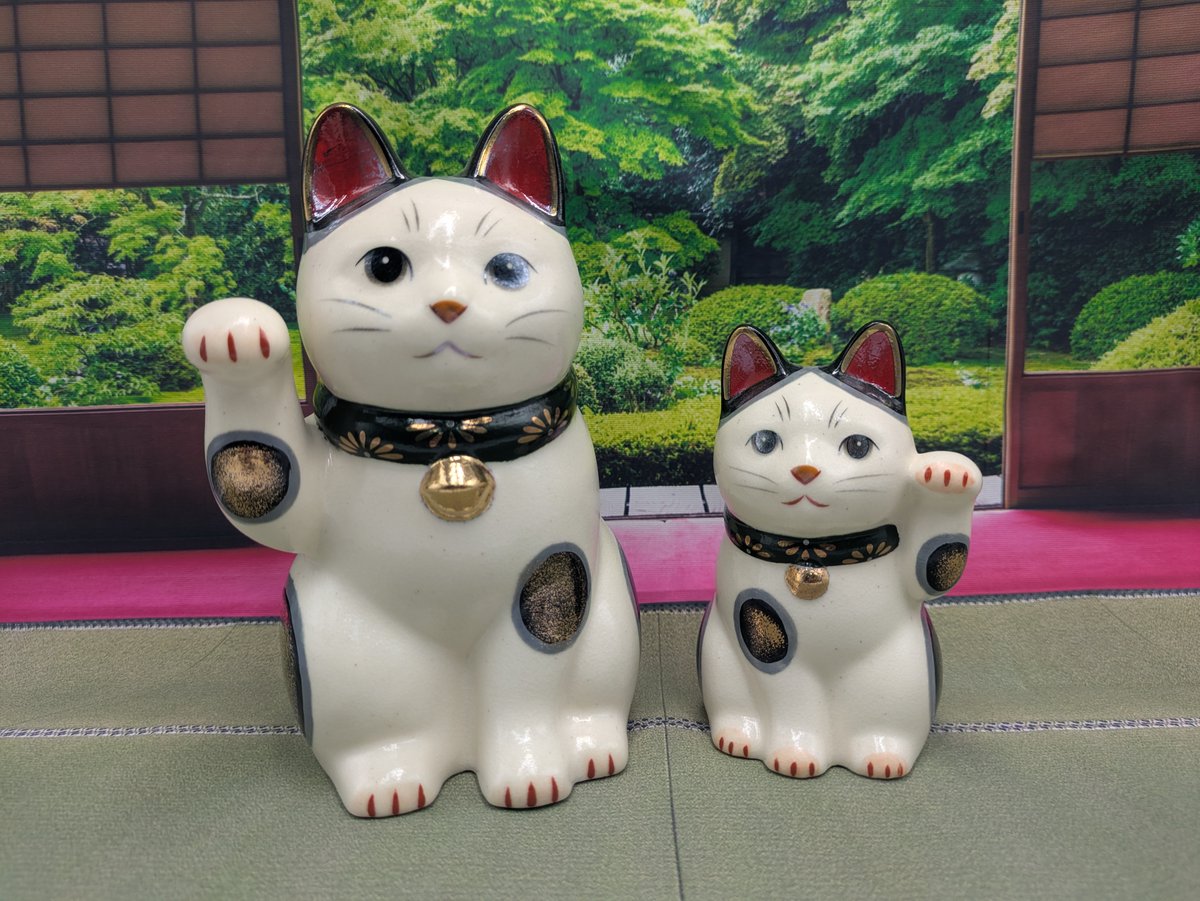 招き猫 陶彩菊花招き猫 緑右手上げ大 緑左手上げ小 2種セット 薬師窯
